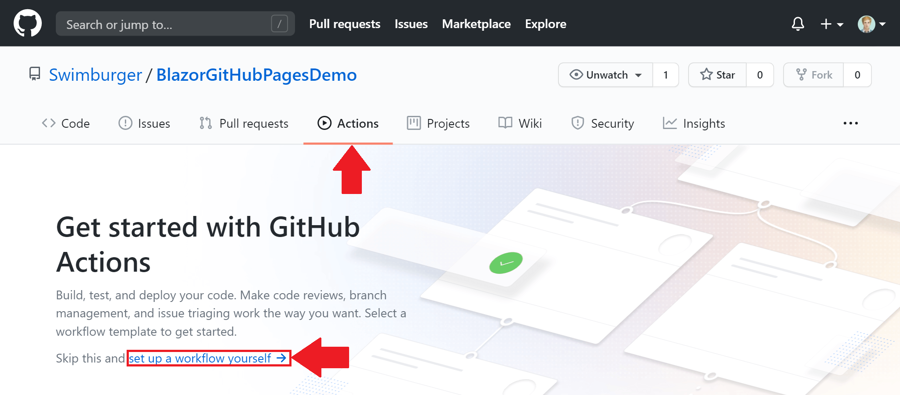 Screenshot of GitHub repository with 'Actions' tab selected and a highlighted link 'set up a workflow yourself'