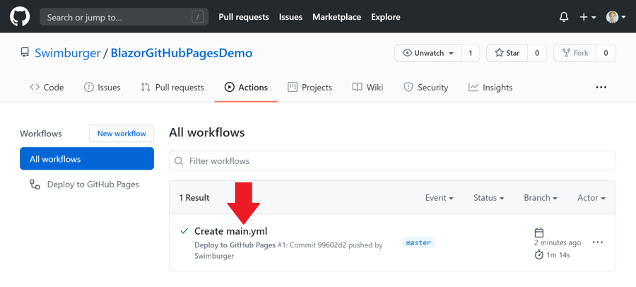 Screenshot of GitHub Actions landing page with workflow run