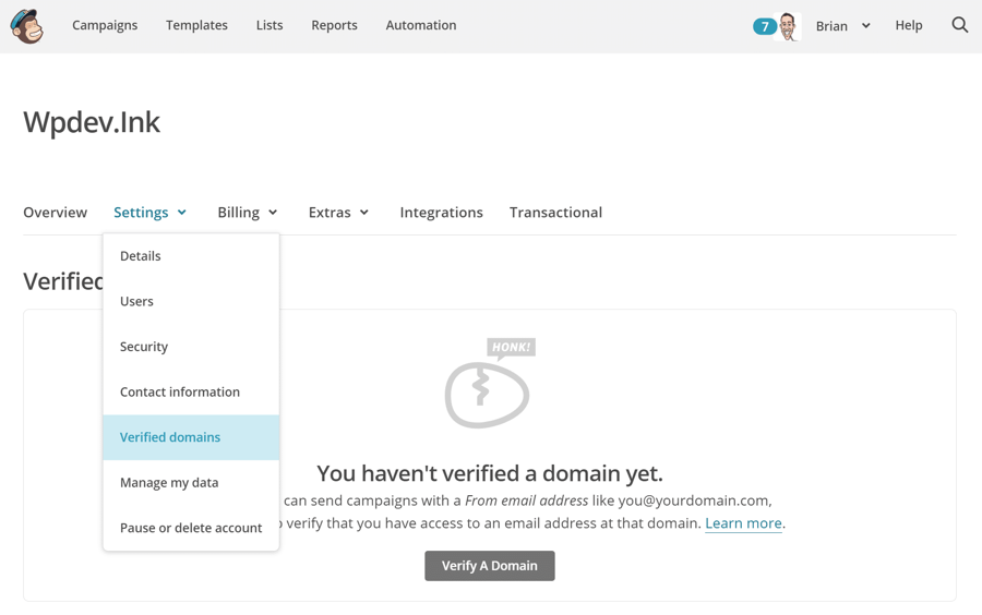 verified domains mailchimp