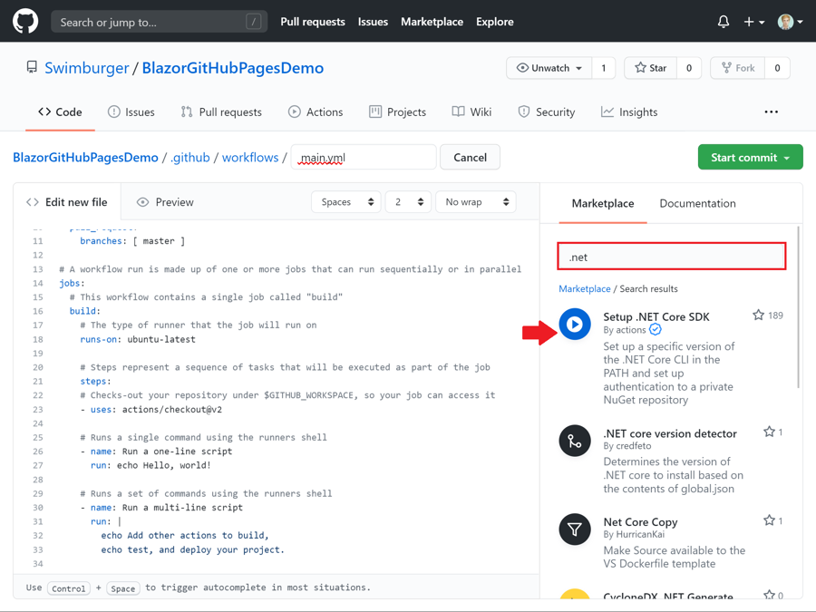 Screenshot of the GitHub Actions Workflow editor while searching for .NET in the marketplace pane