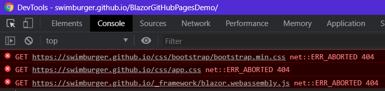 Broken Blazor Application Console with 404 errors