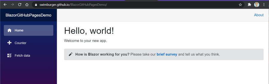 Screenshot of working Blazor app on GitHub Pages