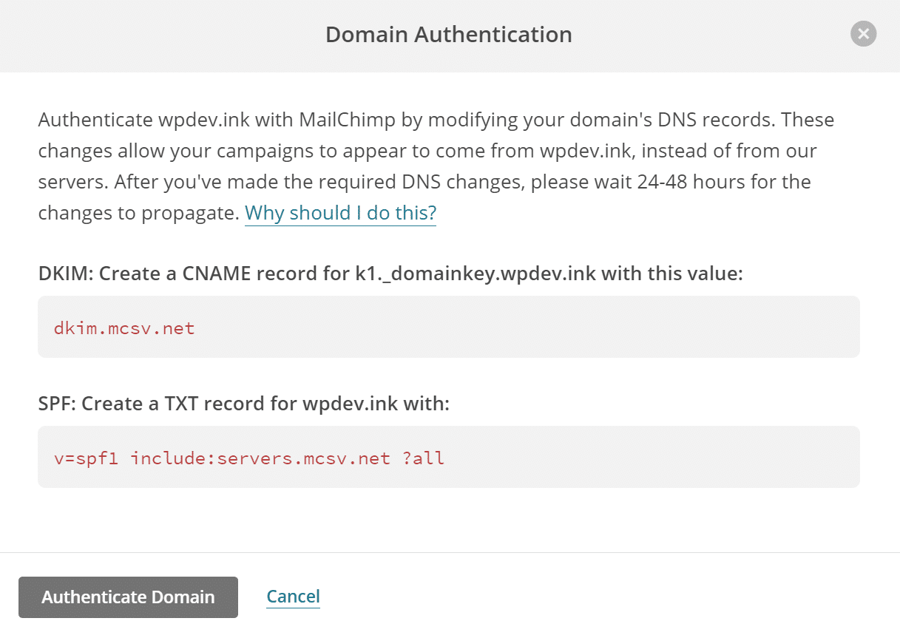 mailchimp domain authentication records