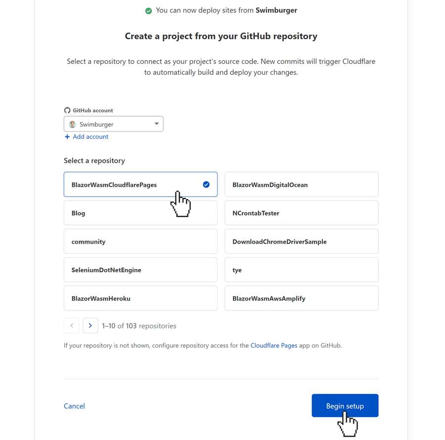 Cloudflare Pages lists all the GitHub repositories asking you to select the repository you want to deploy