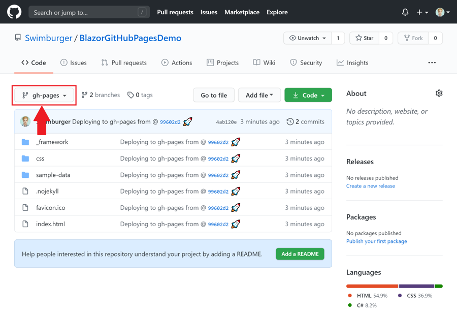 Screenshot of GitHub repository gh-pages branch