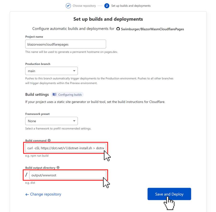 Screenshot of the Cloudflare Pages build and deployment settings