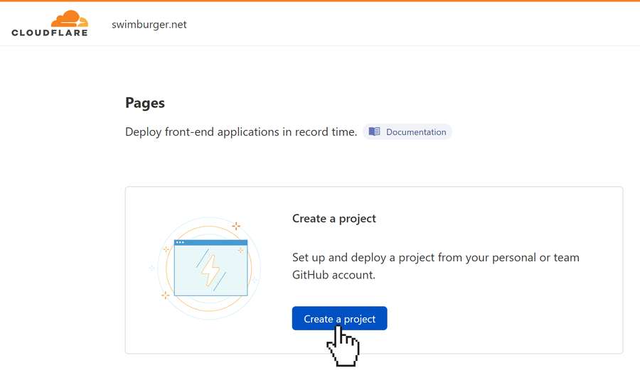 Screenshot of Cloudflare Pages homepage featuring a button "Create a project" with a pointer hovering over it